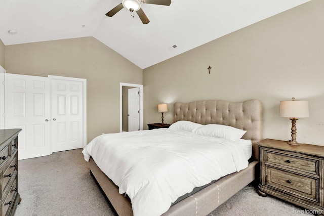 48888 Amanda Ln, Shelby Twp, MI 48317 - bedroom featuring light carpet, lofted ceiling, a ceiling fan, and a closet