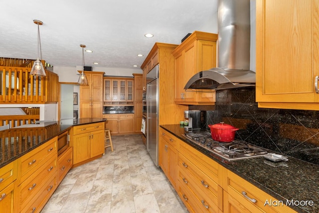 6574 Gran Via Dr NE, Rockford, MI 49341 - kitchen with wall chimney range hood, built in appliances, backsplash, pendant lighting, and recessed lighting