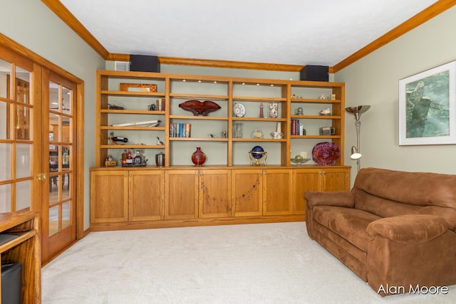 6574 Gran Via Dr NE, Rockford, MI 49341 - living room with crown molding, light carpet, and french doors