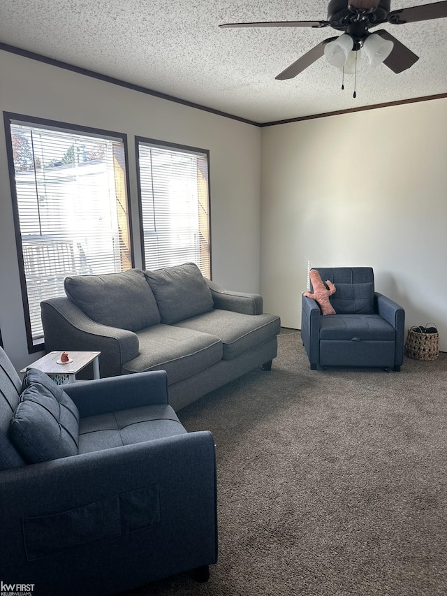 2371 Maple Dr, Fenton, MI 48430 - living room featuring carpet floors, healthy amount of natural light, a textured ceiling, and a ceiling fan