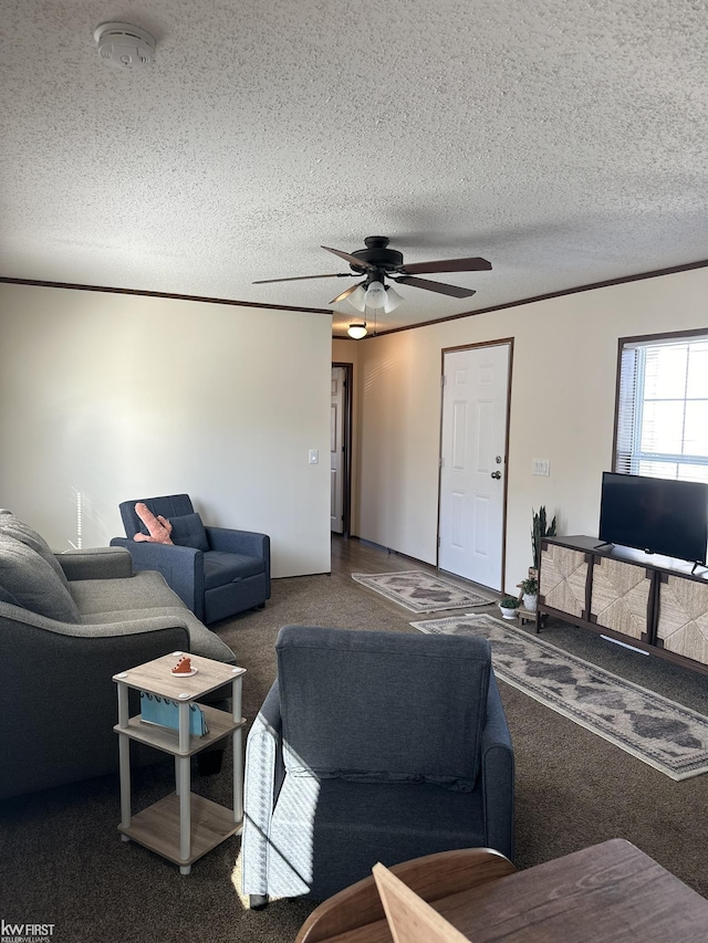 2371 Maple Dr, Fenton, MI 48430 - living area with carpet, a ceiling fan, and a textured ceiling