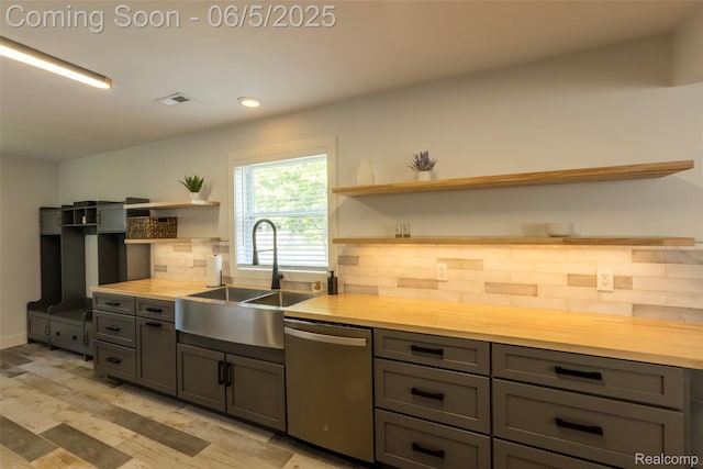 343 Beaupre Ave, Grosse Pointe Farms, MI 48236 - kitchen featuring open shelves, stainless steel dishwasher, a sink, decorative backsplash, and gray cabinetry
