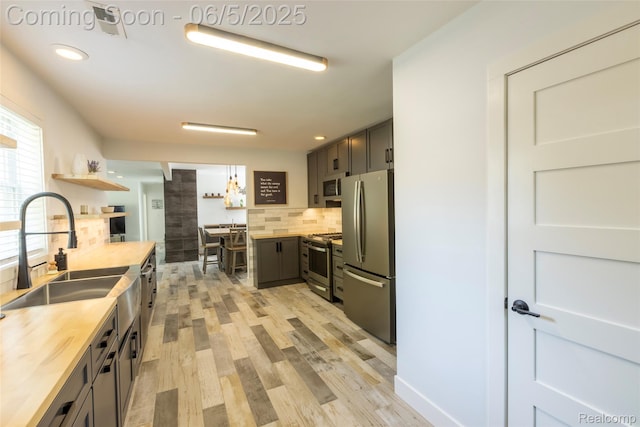 343 Beaupre Ave, Grosse Pointe Farms, MI 48236 - kitchen featuring stainless steel appliances, a sink, tasteful backsplash, open shelves, and wood counters