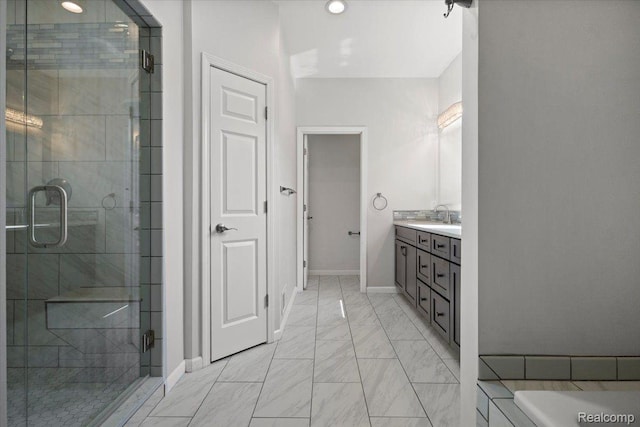 12150 Shaffer Rd, Davisburg, MI 48350 - full bath with vanity, a shower stall, marble finish flooring, and baseboards