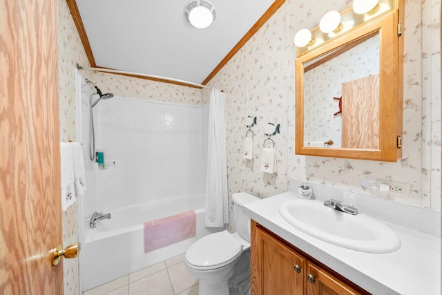 61738 Lake View Dr, Cassopolis, MI 49031 - bathroom featuring wallpapered walls, ornamental molding, shower / bath combination with curtain, vanity, and toilet
