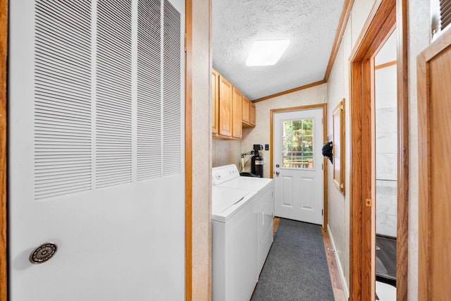61738 Lake View Dr, Cassopolis, MI 49031 - washroom featuring a heating unit, cabinet space, a textured ceiling, washing machine and dryer, and carpet floors