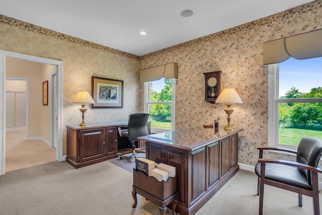 10575 Darrel Dr, Hanover, MI 49241 - office featuring light carpet, baseboards, wallpapered walls, and recessed lighting