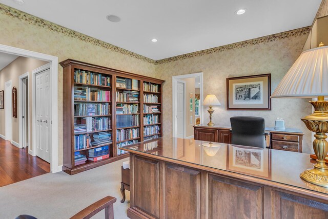 10575 Darrel Dr, Hanover, MI 49241 - office with recessed lighting, baseboards, wallpapered walls, and wood finished floors