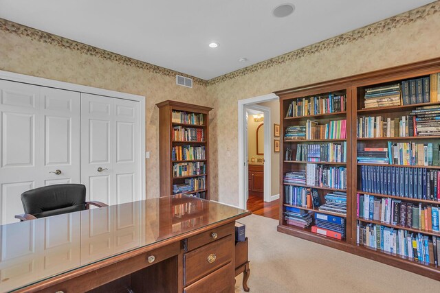 10575 Darrel Dr, Hanover, MI 49241 - carpeted home office with wallpapered walls and recessed lighting