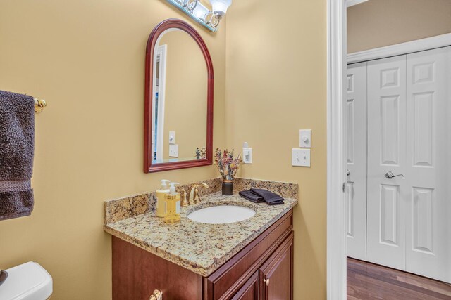 10575 Darrel Dr, Hanover, MI 49241 - bathroom featuring vanity, toilet, and wood finished floors
