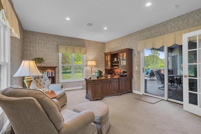 10575 Darrel Dr, Hanover, MI 49241 - living area featuring wallpapered walls, light colored carpet, healthy amount of natural light, baseboards, and recessed lighting