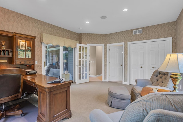 10575 Darrel Dr, Hanover, MI 49241 - office featuring wallpapered walls, light colored carpet, recessed lighting, and baseboards