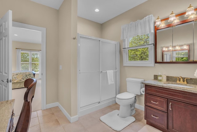 10575 Darrel Dr, Hanover, MI 49241 - full bath with vanity, baseboards, toilet, a stall shower, and tile patterned flooring