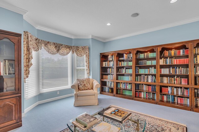 10575 Darrel Dr, Hanover, MI 49241 - living area featuring carpet floors, baseboards, wall of books, ornamental molding, and recessed lighting