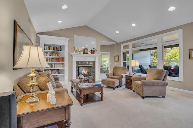 10575 Darrel Dr, Hanover, MI 49241 - living area with light carpet, a fireplace, lofted ceiling, recessed lighting, and baseboards