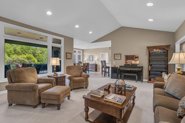 10575 Darrel Dr, Hanover, MI 49241 - living room featuring light carpet, recessed lighting, and lofted ceiling