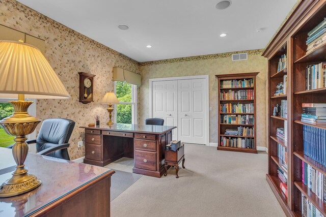 10575 Darrel Dr, Hanover, MI 49241 - office with wallpapered walls, carpet, and recessed lighting
