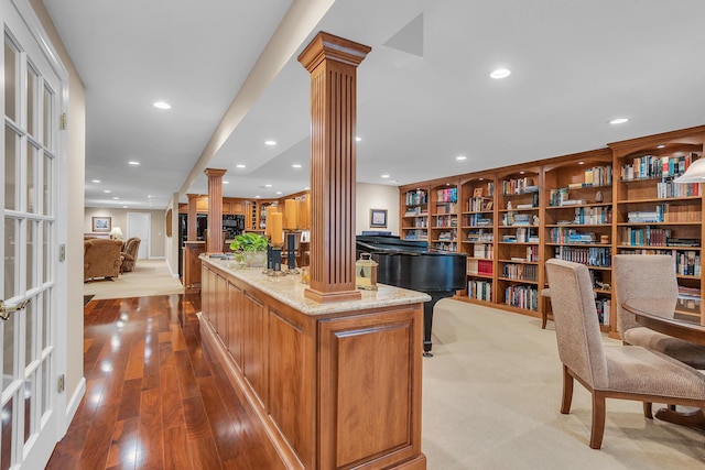 10575 Darrel Dr, Hanover, MI 49241 - office featuring decorative columns, hardwood / wood-style floors, recessed lighting, and french doors
