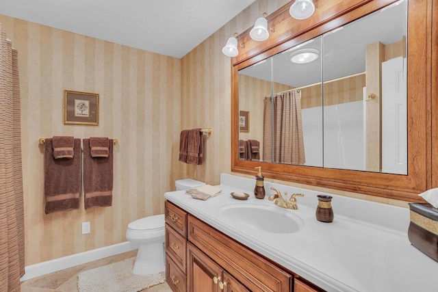 10575 Darrel Dr, Hanover, MI 49241 - bathroom featuring toilet, vanity, tile patterned floors, a shower with shower curtain, and baseboards