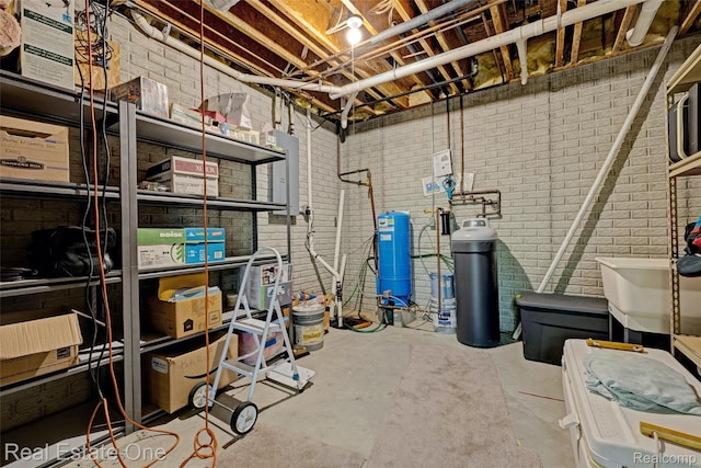 2338 Malena Ln, Oxford, MI 48371 - unfinished below grade area featuring brick wall, a water pressure tank, a water softener system, and a sink