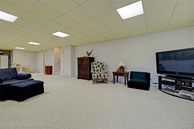 2338 Malena Ln, Oxford, MI 48371 - carpeted living area with stairs and a drop ceiling
