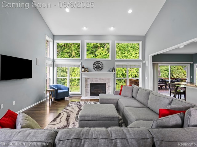 3924 High Grove Way, Lake Orion, MI 48360 - living room with high vaulted ceiling, wood finished floors, plenty of natural light, recessed lighting, and a fireplace with flush hearth