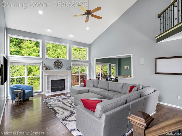 3924 High Grove Way, Lake Orion, MI 48360 - living room featuring high vaulted ceiling, dark wood-type flooring, ceiling fan, a fireplace with flush hearth, and recessed lighting