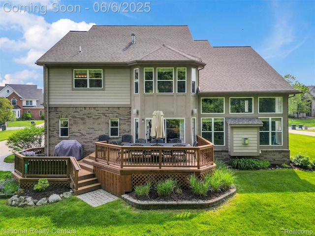 3924 High Grove Way, Lake Orion, MI 48360 - rear view of property with a lawn, a deck, a shingled roof, and brick siding