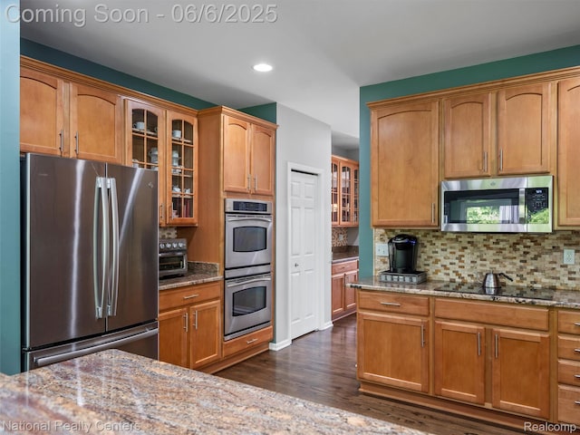 3924 High Grove Way, Lake Orion, MI 48360 - kitchen featuring stainless steel appliances, dark wood-type flooring, light stone countertops, decorative backsplash, and recessed lighting