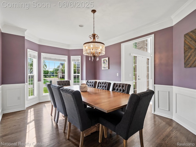 3924 High Grove Way, Lake Orion, MI 48360 - dining area with a chandelier, a wainscoted wall, crown molding, a decorative wall, and dark wood finished floors