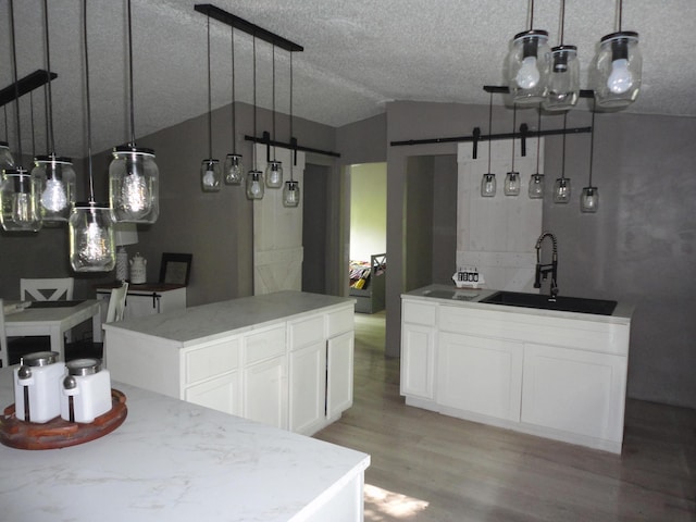 1920 S 15th St, Niles, MI 49120 - kitchen featuring a barn door, a sink, light wood-style floors, a center island, and white cabinets