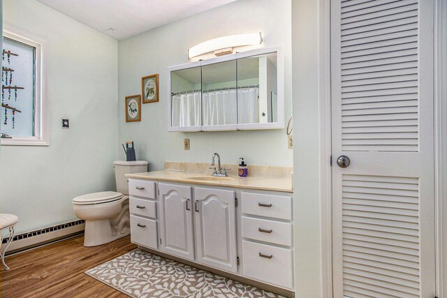 681 Gilead Shores Dr, Bronson, MI 49028 - bathroom featuring a baseboard radiator, vanity, toilet, wood finished floors, and curtained shower
