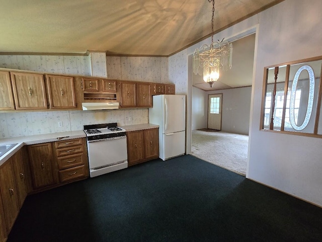 6063 Truman Rd, Barryton, MI 49305 - kitchen featuring white appliances, under cabinet range hood, a chandelier, brown cabinetry, and light countertops