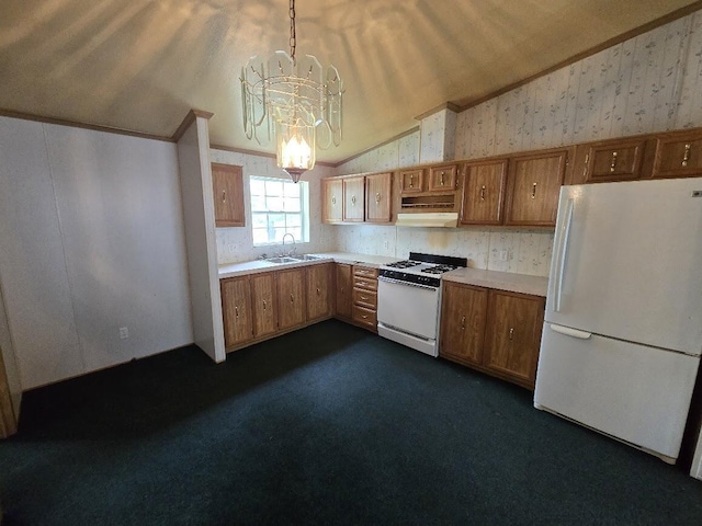 6063 Truman Rd, Barryton, MI 49305 - kitchen featuring white appliances, brown cabinetry, light countertops, under cabinet range hood, and wallpapered walls