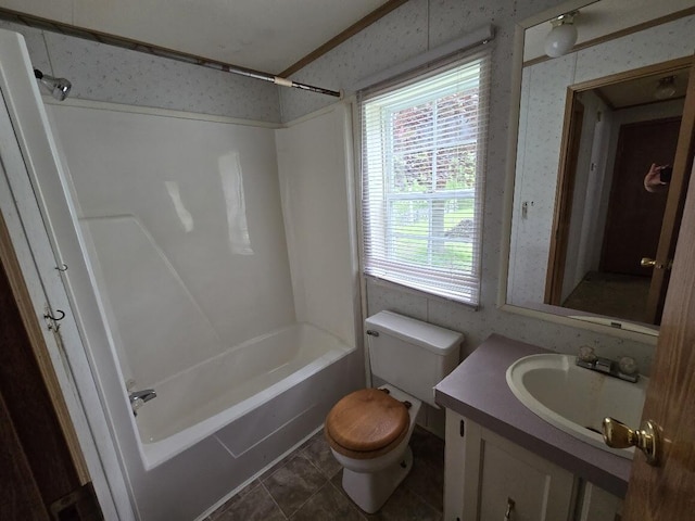 6063 Truman Rd, Barryton, MI 49305 - full bath with wallpapered walls, toilet, shower / bathtub combination, vanity, and tile patterned flooring