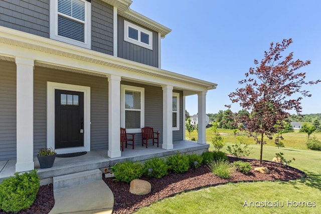 6830 Golden Vw SE, Grand Rapids, MI 49512 - doorway to property with a porch, board and batten siding, and a yard
