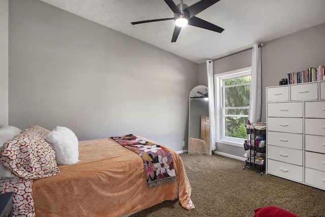 11494 18 1/2 Mile Rd, Marshall, MI 49068 - bedroom featuring carpet flooring, lofted ceiling, baseboards, a ceiling fan, and a textured ceiling