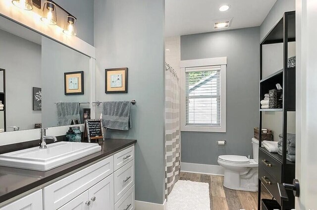 4087 Ronalds Rd, Dorr, MI 49323 - bathroom with toilet, vanity, wood finished floors, a shower with curtain, and baseboards