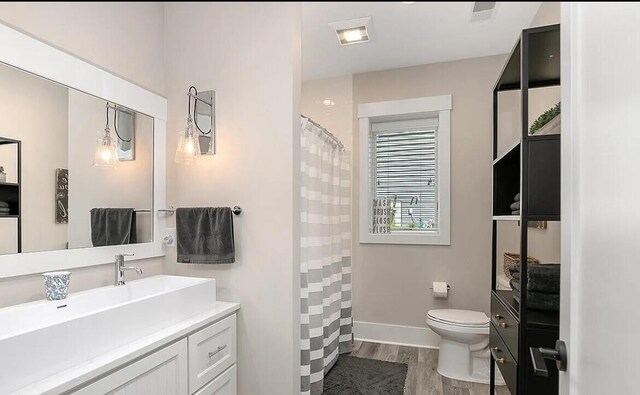 4087 Ronalds Rd, Dorr, MI 49323 - bathroom with wood finished floors, toilet, vanity, baseboards, and curtained shower