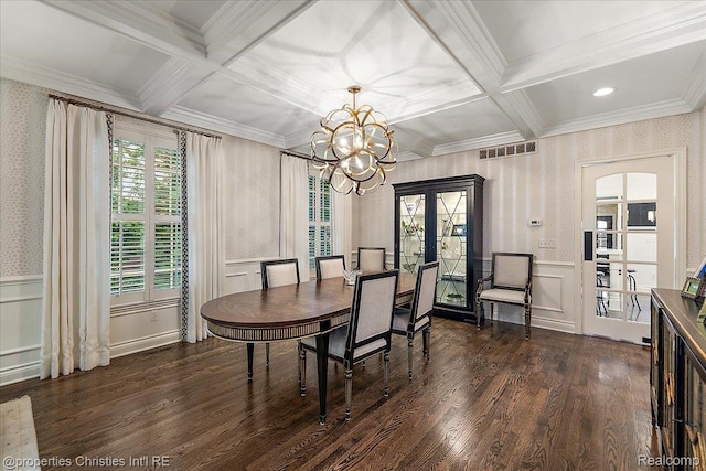 364 Chesterfield Ave, Birmingham, MI 48009 - dining space with wallpapered walls, coffered ceiling, beam ceiling, a chandelier, and dark wood-style flooring
