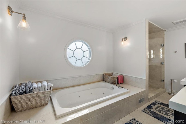 364 Chesterfield Ave, Birmingham, MI 48009 - bathroom with a whirlpool tub, a stall shower, crown molding, tile patterned flooring, and vanity
