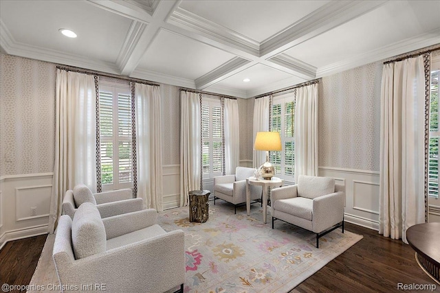 364 Chesterfield Ave, Birmingham, MI 48009 - living area with coffered ceiling, beamed ceiling, wood finished floors, crown molding, and a decorative wall
