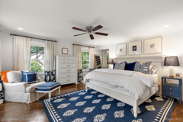 364 Chesterfield Ave, Birmingham, MI 48009 - bedroom featuring crown molding, multiple windows, dark wood-type flooring, recessed lighting, and a ceiling fan