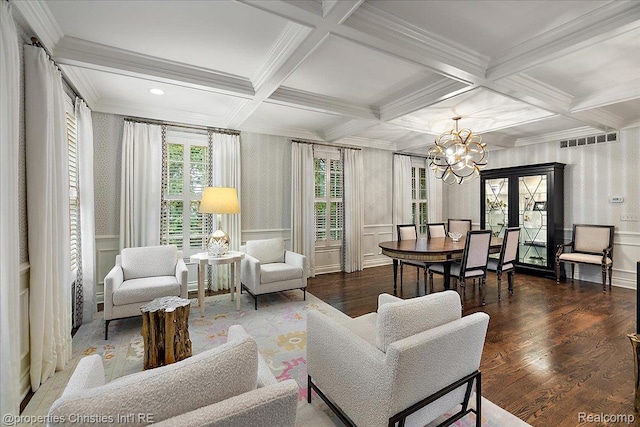364 Chesterfield Ave, Birmingham, MI 48009 - living area featuring a chandelier, wallpapered walls, coffered ceiling, beamed ceiling, and wood finished floors