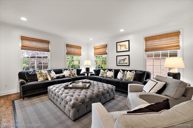 364 Chesterfield Ave, Birmingham, MI 48009 - living room featuring healthy amount of natural light, ornamental molding, recessed lighting, wood finished floors, and baseboards