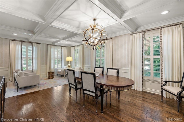 364 Chesterfield Ave, Birmingham, MI 48009 - dining room with a decorative wall, coffered ceiling, a chandelier, dark wood-style floors, and crown molding