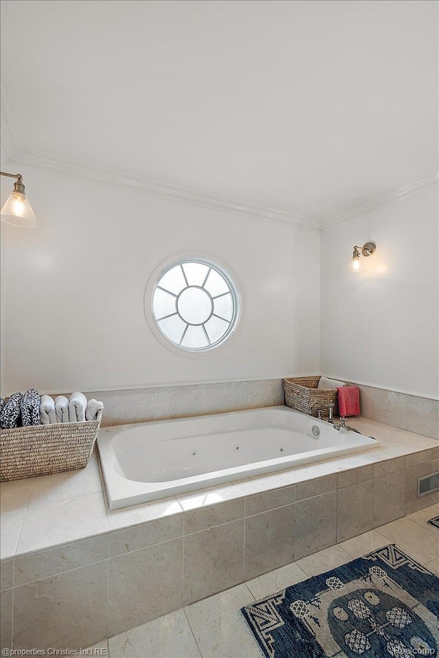 364 Chesterfield Ave, Birmingham, MI 48009 - full bathroom with ornamental molding, a whirlpool tub, and tile patterned flooring
