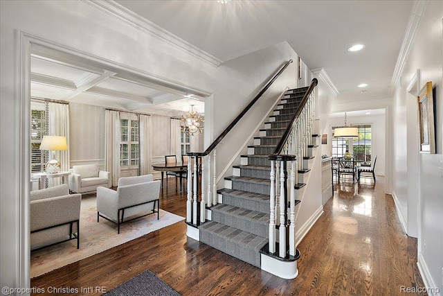 364 Chesterfield Ave, Birmingham, MI 48009 - staircase with ornamental molding, recessed lighting, a chandelier, baseboards, and wood finished floors