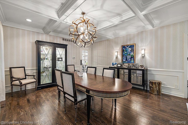364 Chesterfield Ave, Birmingham, MI 48009 - dining area featuring a chandelier, wood finished floors, coffered ceiling, beamed ceiling, and wainscoting