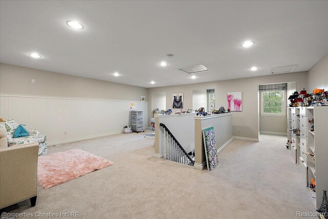 364 Chesterfield Ave, Birmingham, MI 48009 - game room featuring light carpet, baseboards, recessed lighting, and a wainscoted wall